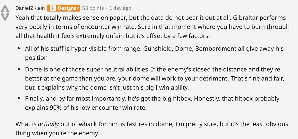 Reddit comment explaining Gibraltar balance in Apex Legends