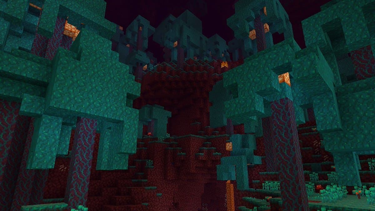 The Warped Forrest biome in Minecraft's Nether.