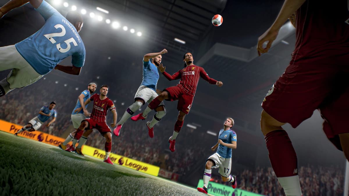 Van Dijk going for a header in FIFA 21