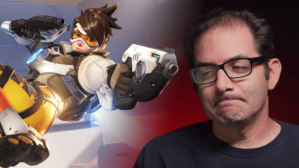 Tracer from Overwatch side by side with grimacing Jeff Kaplan