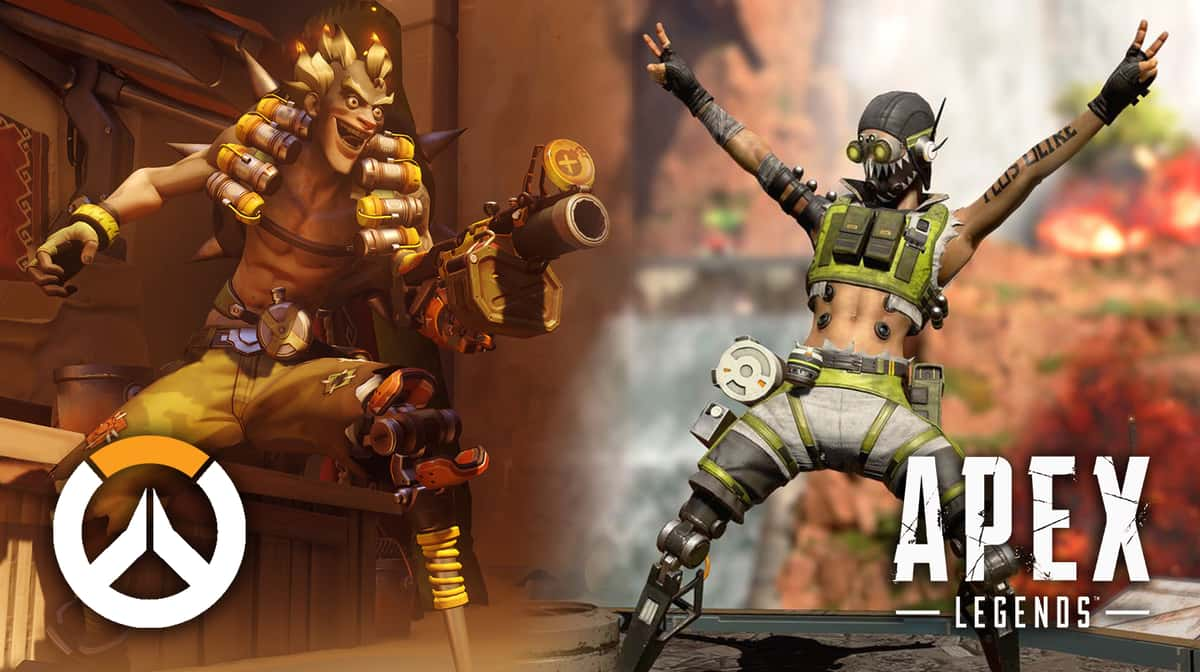 Overwatch Hero Junkrat standing next to Apex Legends character Octane