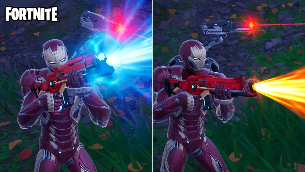 Two firing modes of Stark Industries Energy Rifle in Fortnite