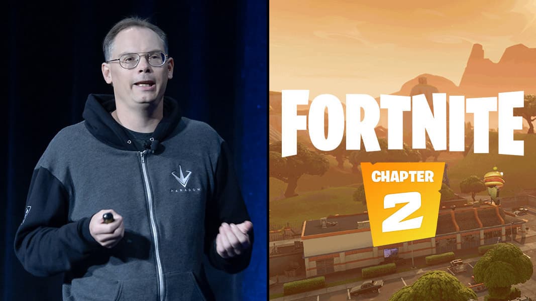 Epic Games CEO Tim Sweeney and Fortnite logo