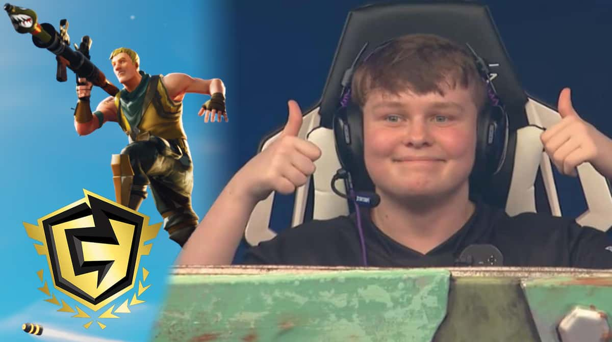 Fortnite gameplay / FNCS logo / Benjyfishy thumbs up at Fortnite World Cup