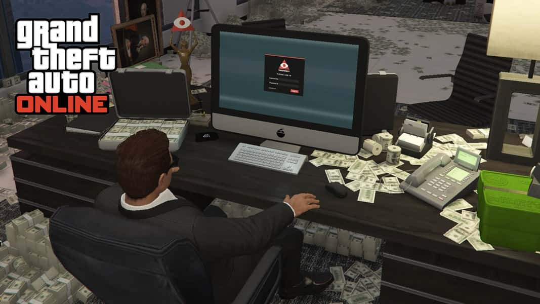 GTA V character sat a computer