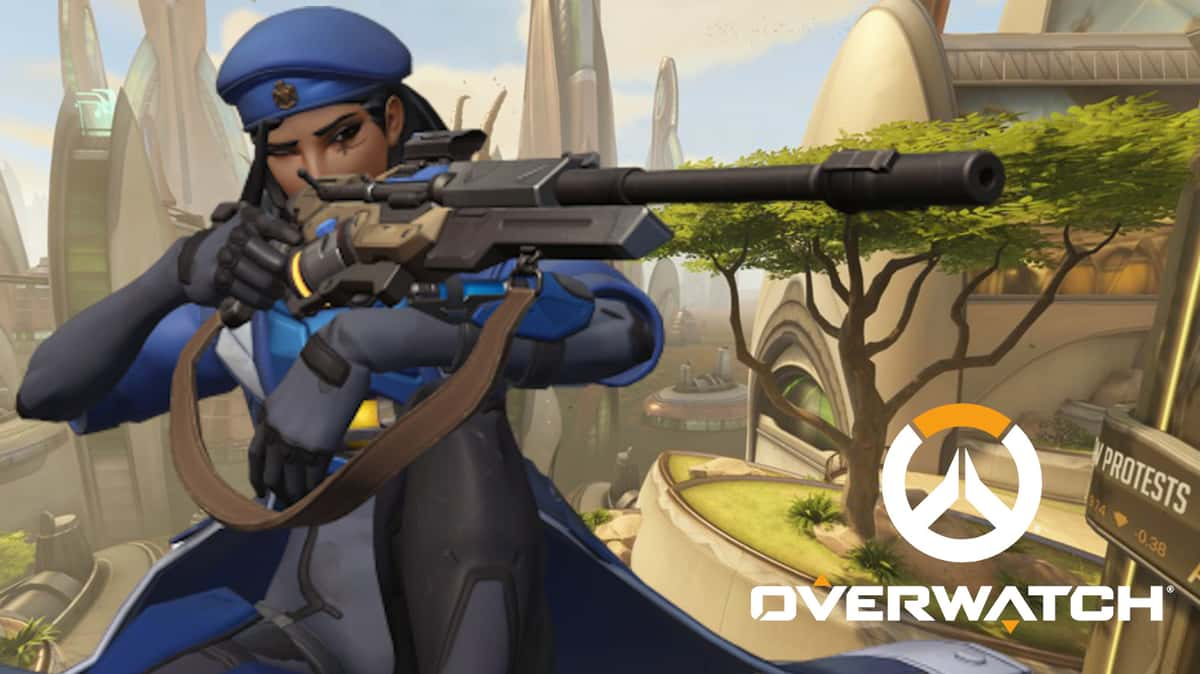 Ana hidden in the trees of Numbani in Overwatch