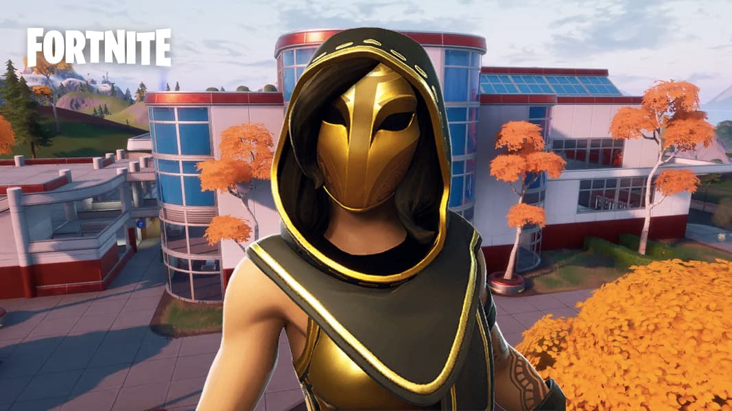 Fortnite sandstorm skin on top of the Stark Industries POI