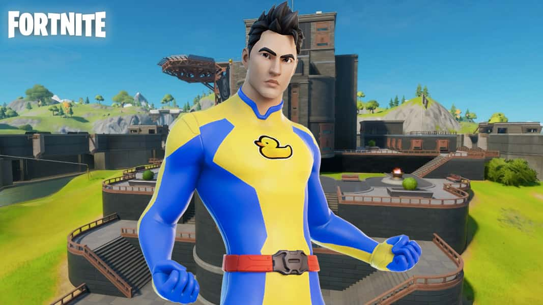 Fortnite superhero skin against The Authority POI