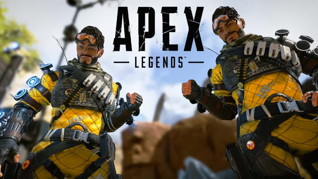 Mirage fist bumping himself next to Apex Legends logo