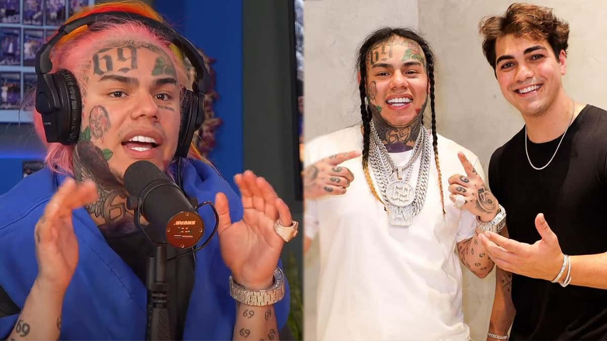 Tekashi talks at a photo of himself and Thomas Petrou.