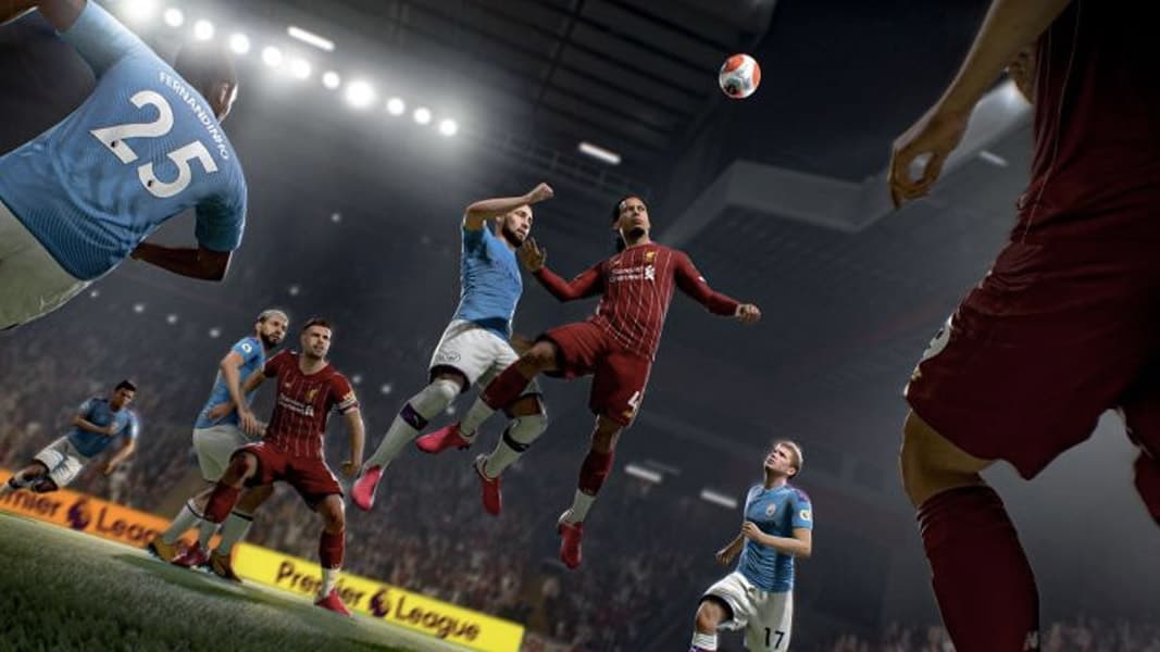 Virgil Van Dijk going up for a header in FIFA