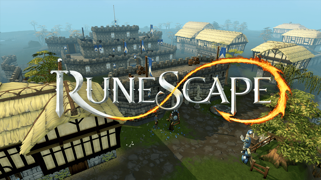 Runescape logo in front of lumbridge castle