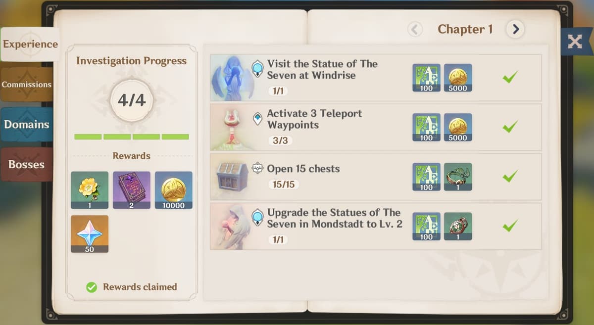 Screenshot of the Adventurer Handbook from Genshin impact