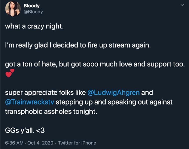 Bloody streamer tweets