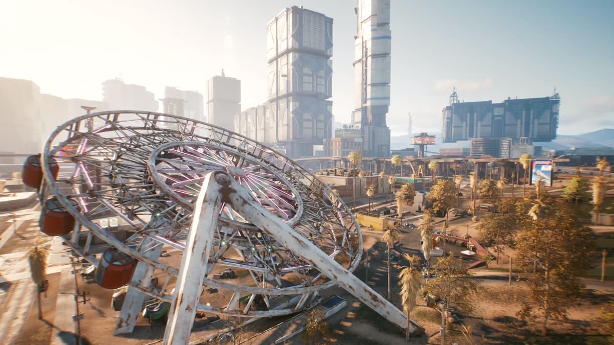 A fallen over Ferris Wheel in Cyberpunk 2077