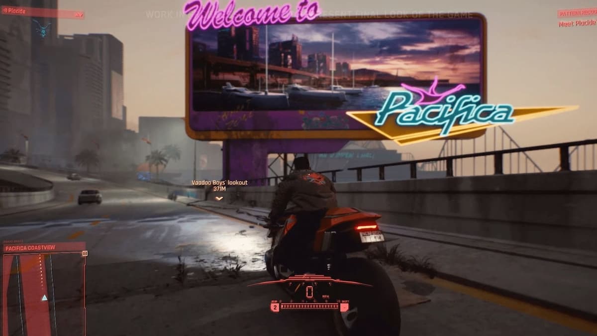 A Pacifica sign in Cyberpunk 2077