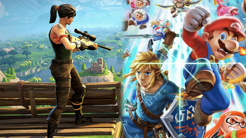 Fortnite gameplay next to Smash Bros artwork