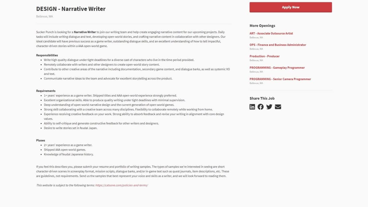 Job listing for Sucker Punch Narrative Writer job