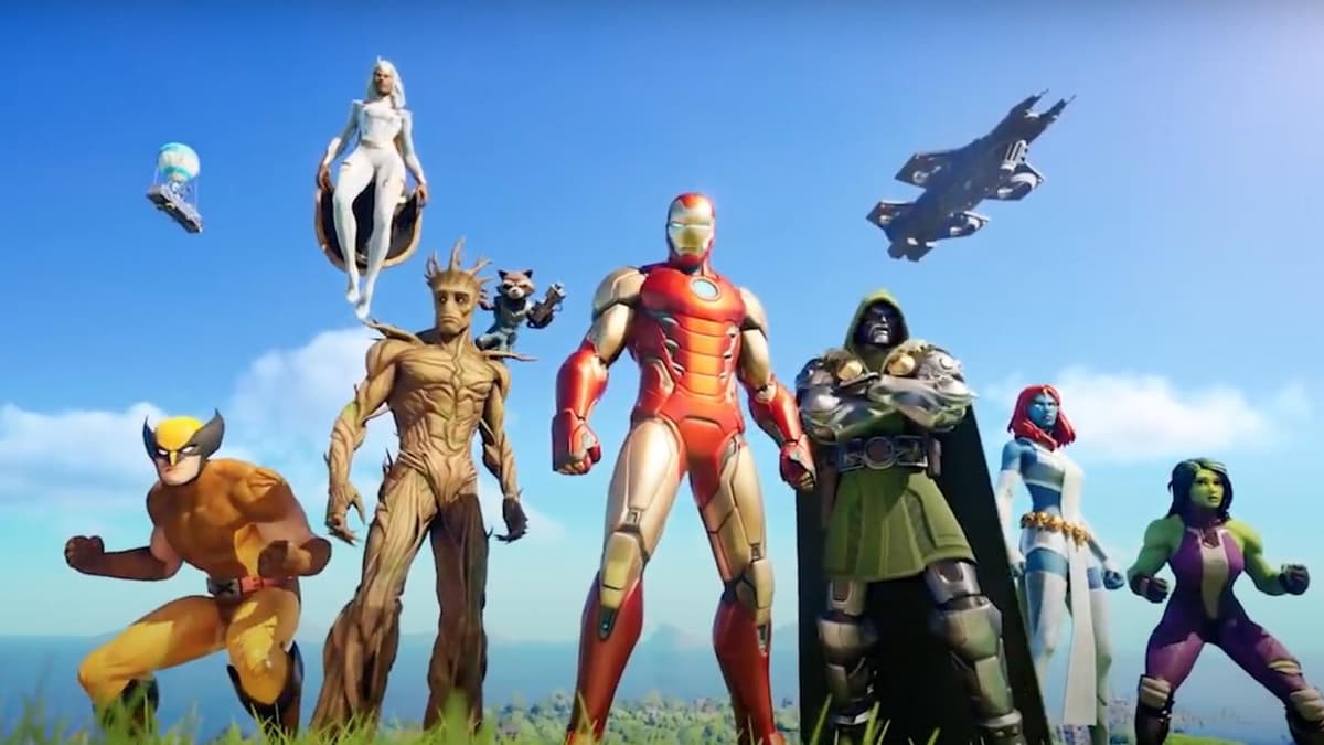 Superheroes posing in Fortnite