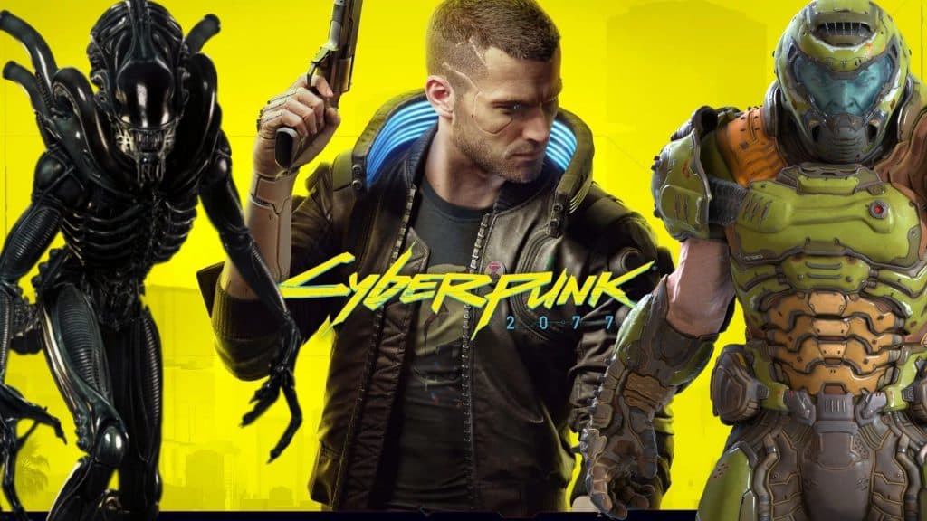 A xenomorph, doomguy, and v from cyberpunk 2077