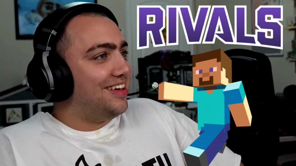 Mizkif next to the Twitch rivals logo and Minecraft's Steve