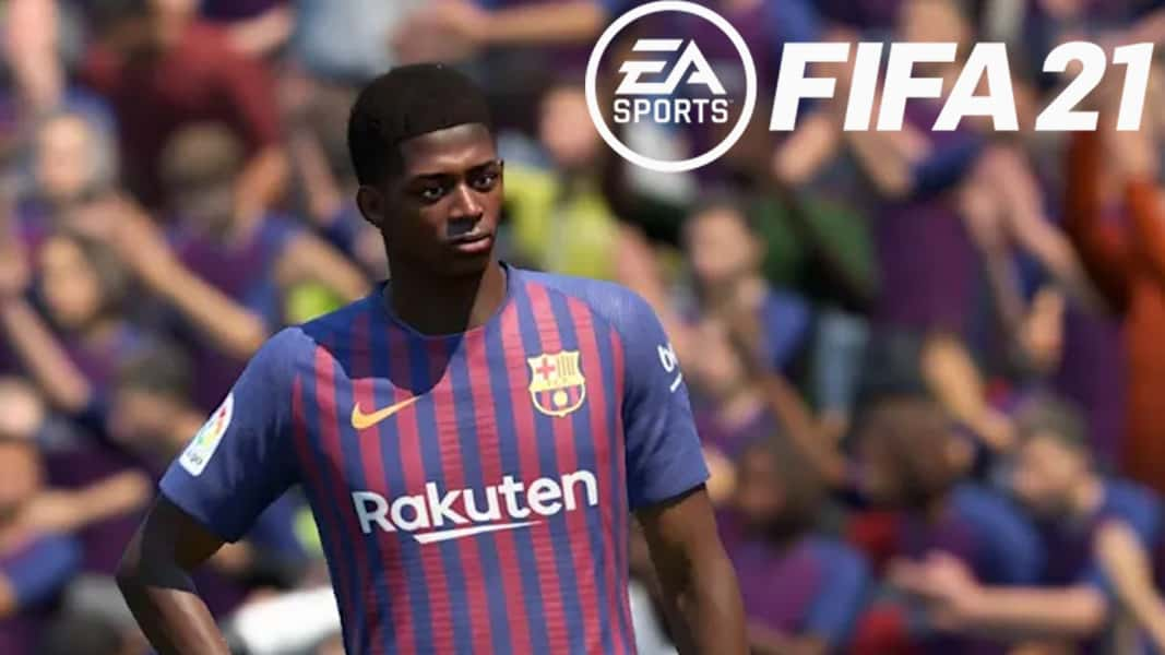 Ousmane Dembele in FIFA next to logo