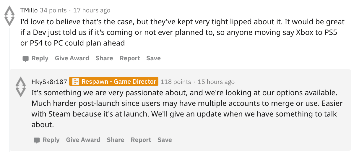 Respawn director on Reddit