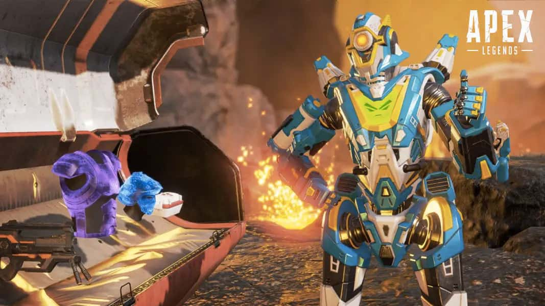 Pathfinder stood next to an open supply bin in Apex Legends