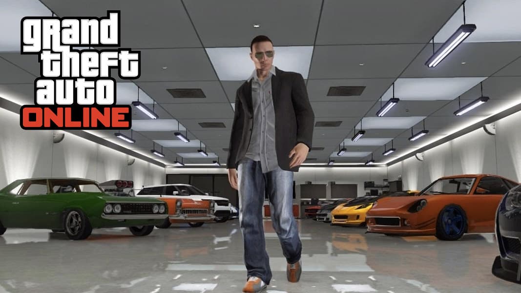 GTA online character walking around a garage