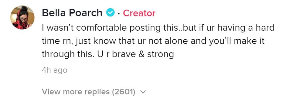 Bella Poarch writes an encouraging TikTok comment for victims of abuse.