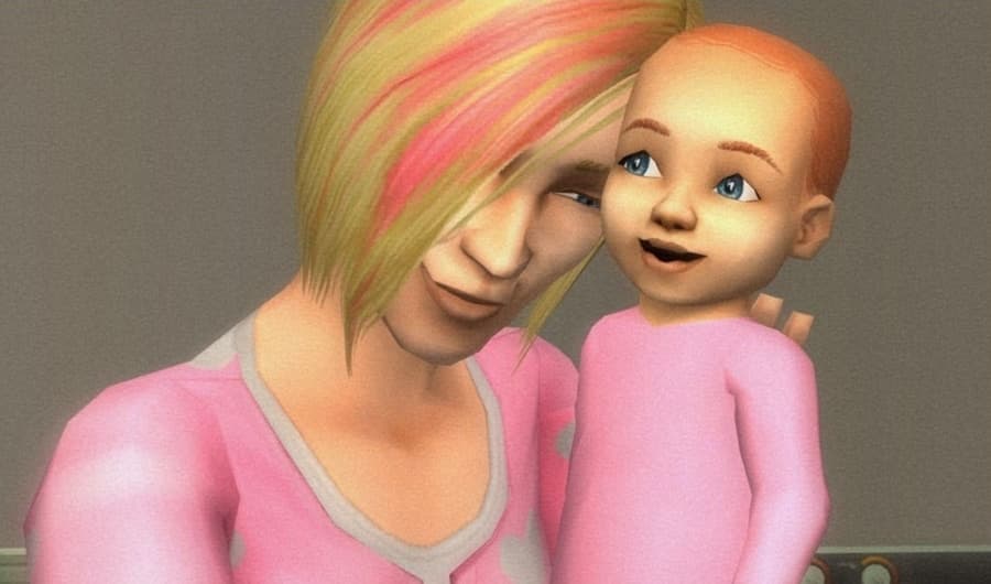 The Sims 2 picture of a lady with pink hair and a baby dresses in pink clothing.