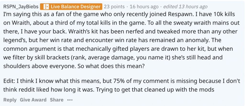 John Larson comment Wraith nerf Respawn