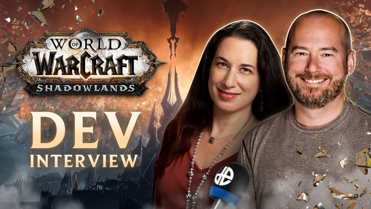 Sarah Boulian Verral and Patrick Dawson on a Shadowlands background for the dev interview