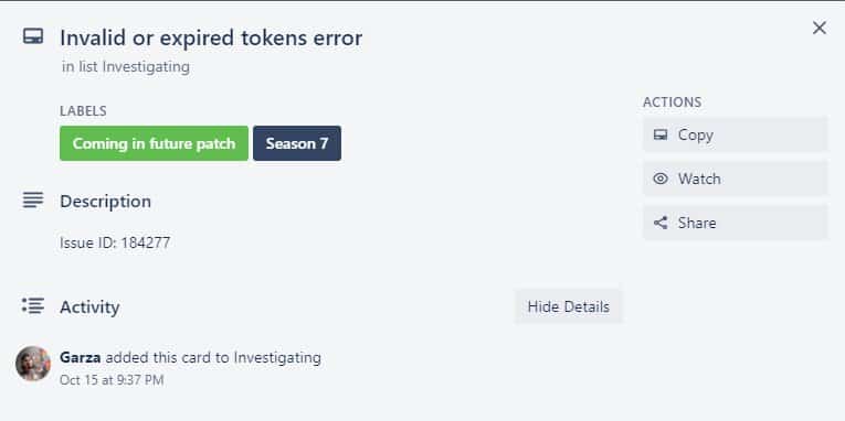 Screenshot of a Trello card for the Apex Legends invalid/expired token error