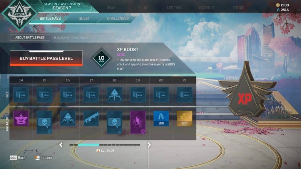 Screenshot of Apex Legends Season 7 battle pass menu.