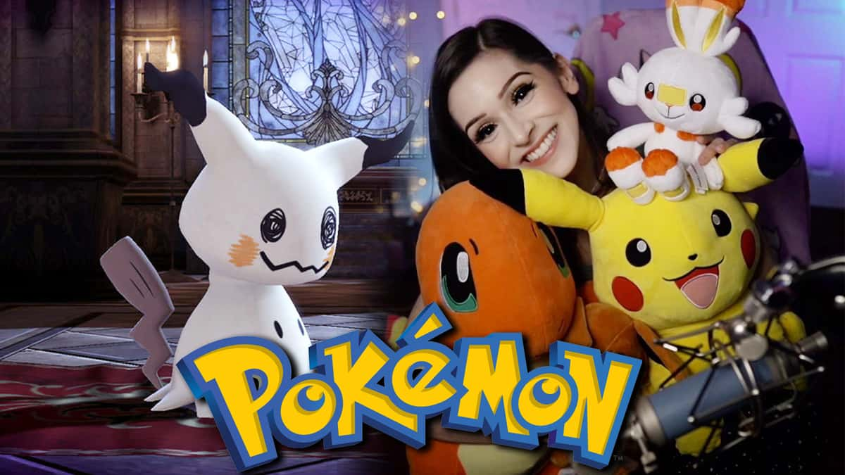 Screenshot of Pokemon Mimikyu next to cosplayer.