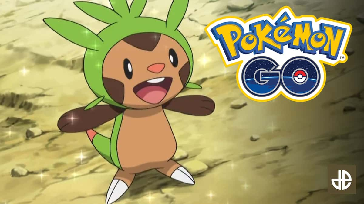 Kalos Pokemon Chespin celebrates next to Pokemon Go logo.