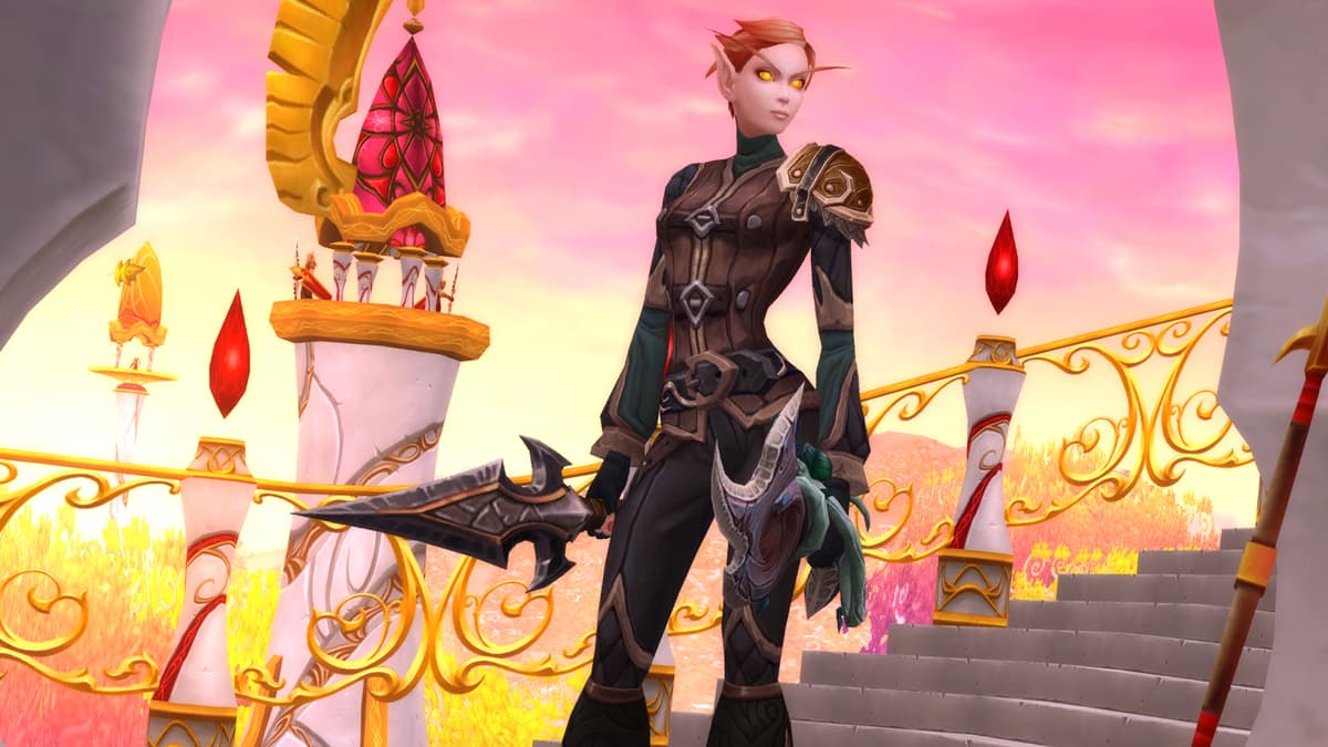 Blood Elf standing on the landing character creation screen in Shadowlands