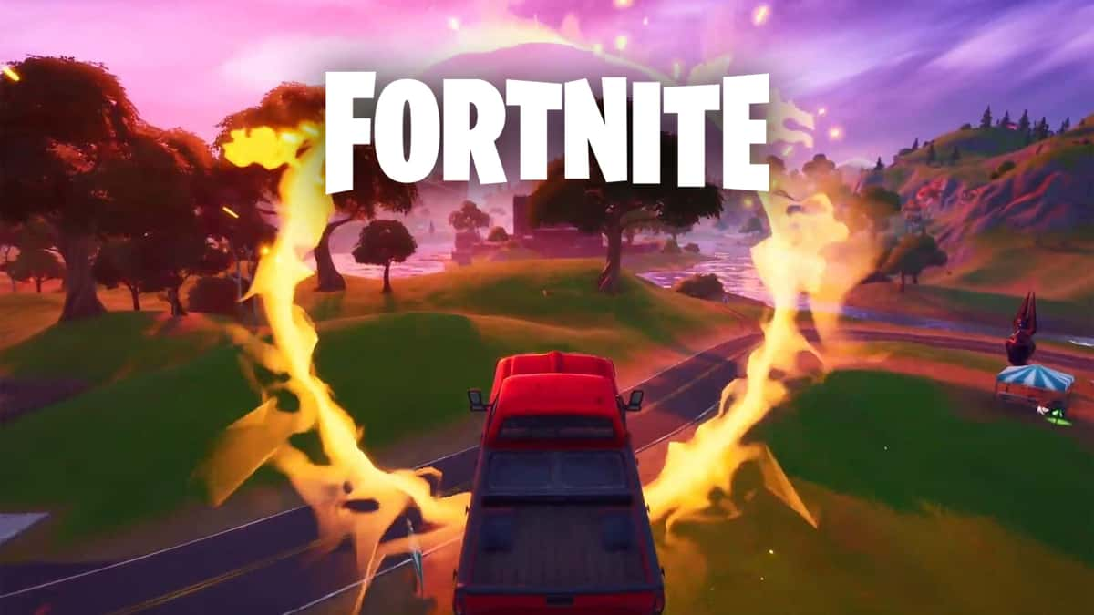 Car driving through flaming ring in Fortnite