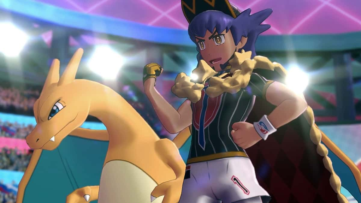 Pokemon Sword & Shield screenshot of Galar champion Leon & his Charizard.