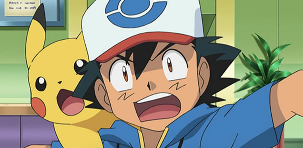 Screenshot of Ash Ketchum and Pikachu shocked in Pokemon anime.