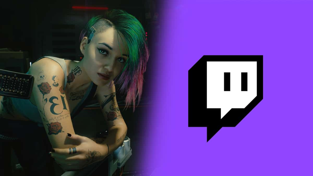 Screenshot of Cyberpunk 2077 next to Twitch logo.