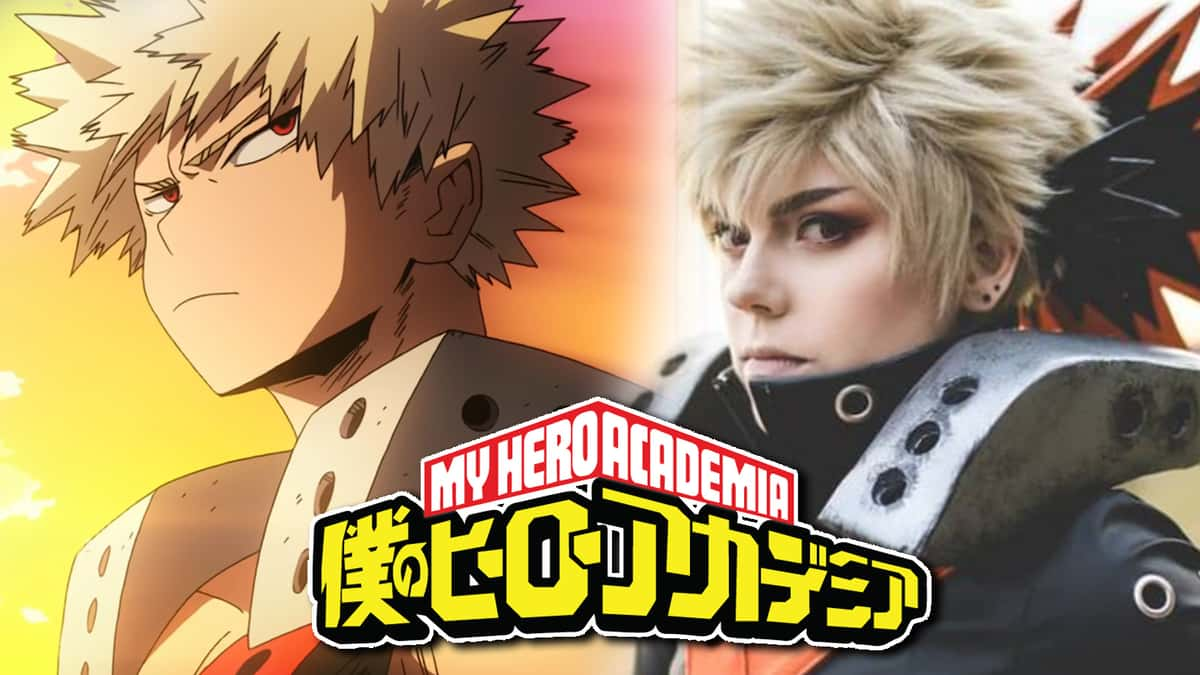 Screenshot of My Hero Academia Bakugou next to cosplayer.