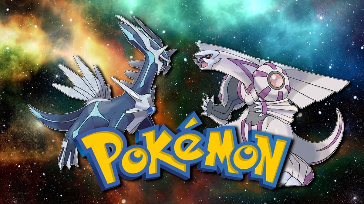 Screenshot of Diamond & Pearl Pokemon Dialga and Palkia over space galaxy background.