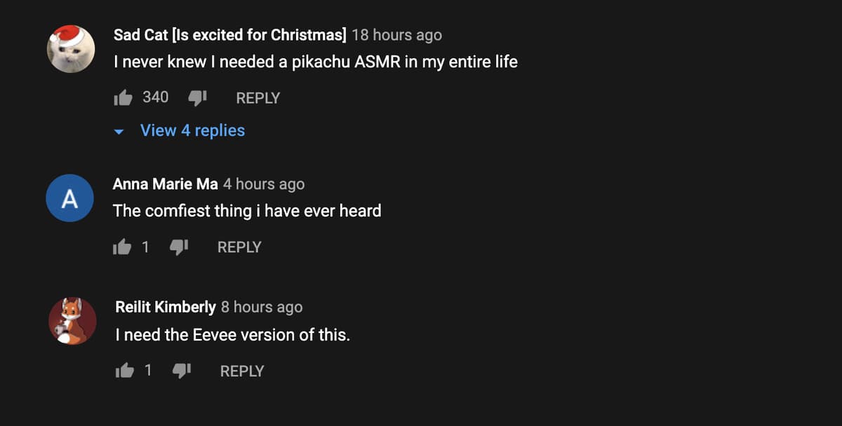 Pokemon fans comment on ASMR Pikachu YouTube upload.