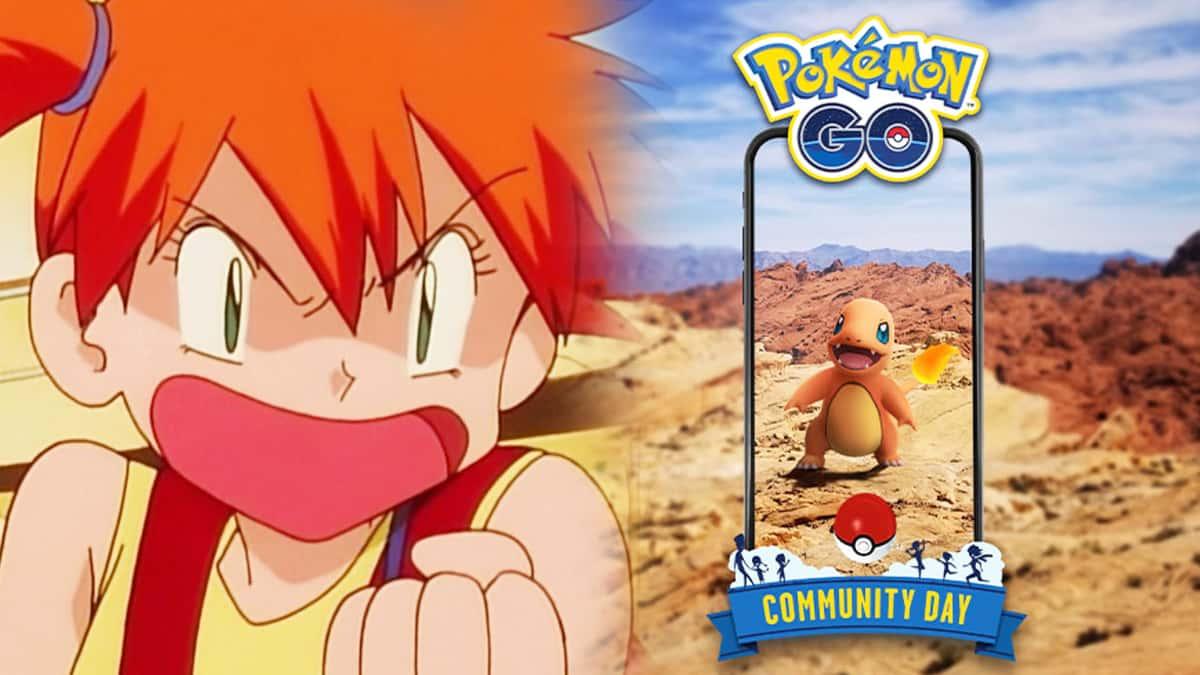 Screenshot of Misty in Pokemon anime next to Pokemon Go Charmander Community Day promo.