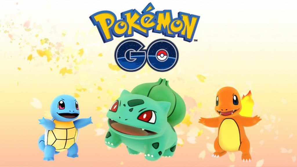 Pokemon GO Kanto event promotion showing Gen 1 starter monsters.