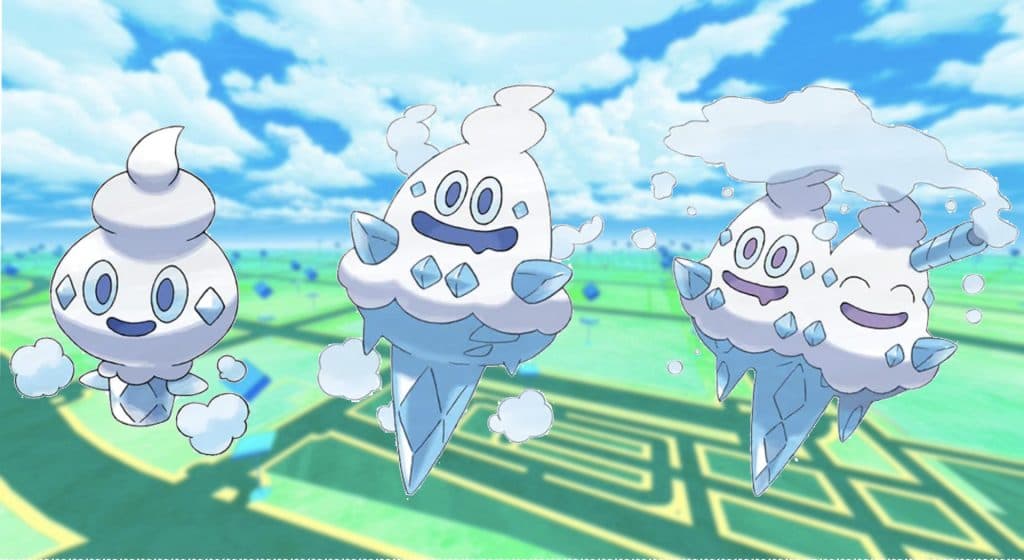 Screenshot of Pokemon Vanillite evolution line over Pokemon Go map.