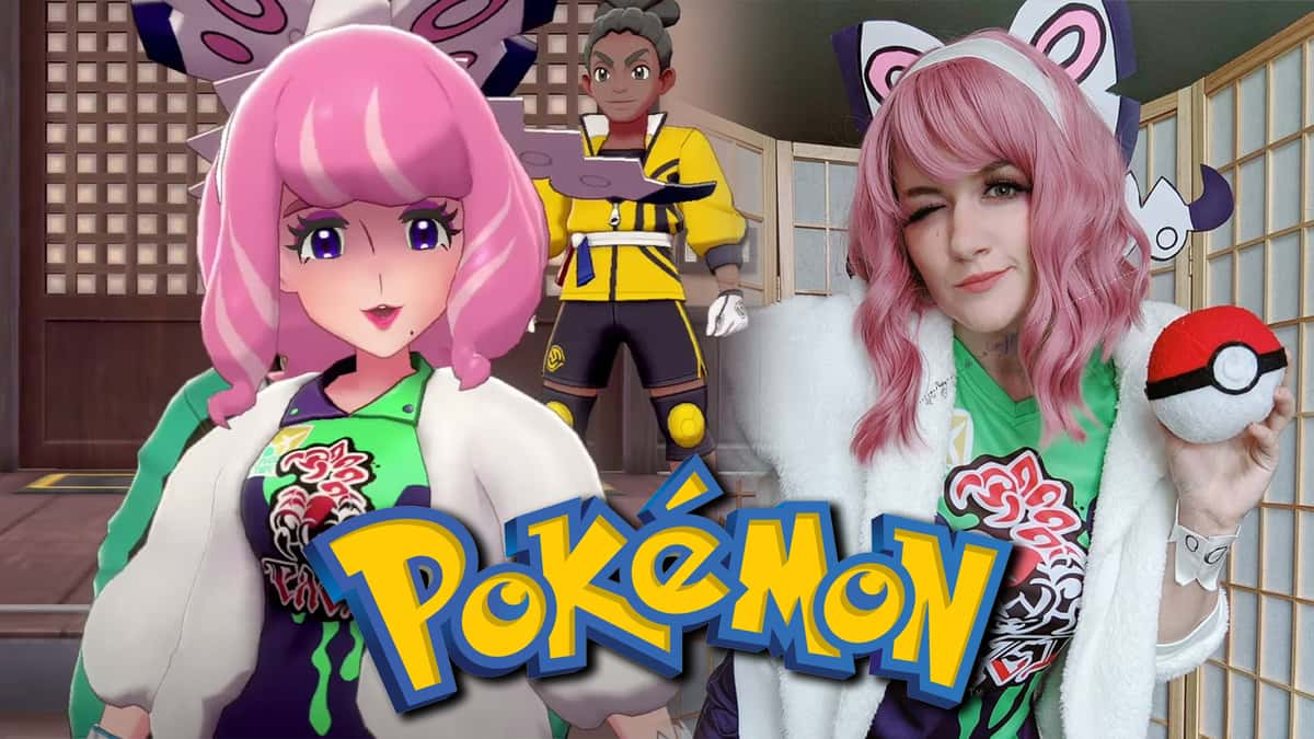 Screenshot of Pokemon Sword & Shield character Klara next to cosplayer.