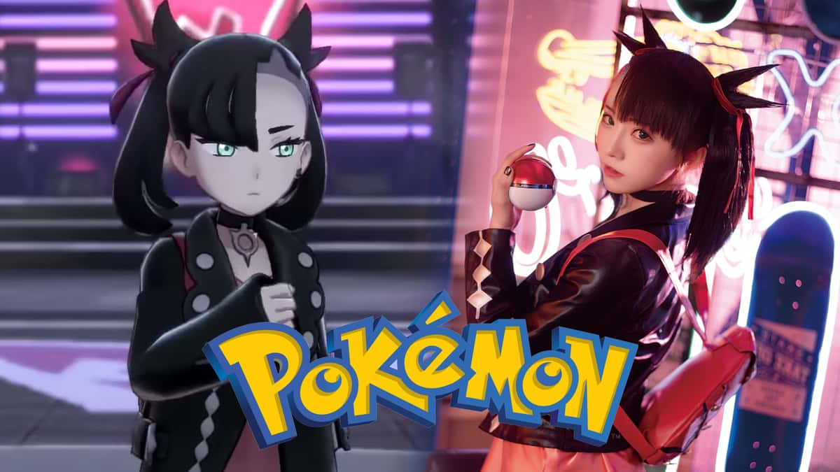 Screenshot of Pokemon Sword & Shield character Marrnie next to cosplayer.